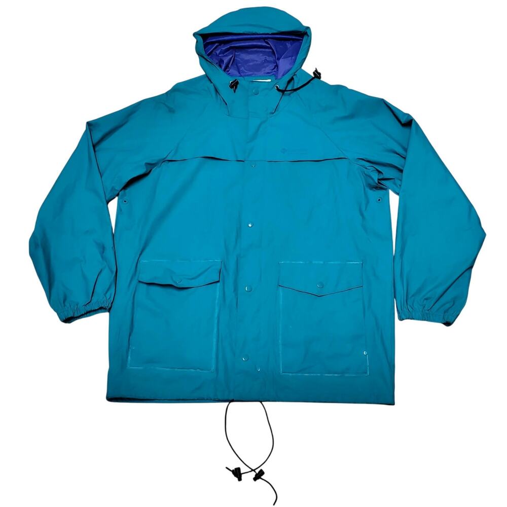 Retro Columbia Sportwear Company Vinyl Raincoat Teal Purple Inside Mens Large